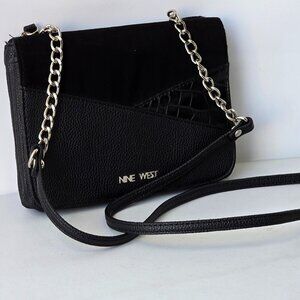 Nine West Black Suede, Leather and Reptile Crossbody Bag